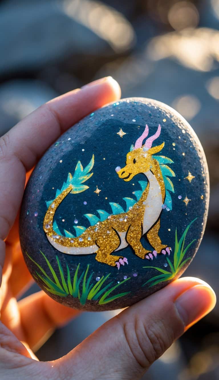 A hand holding a smooth river rock painted with a dragon design.