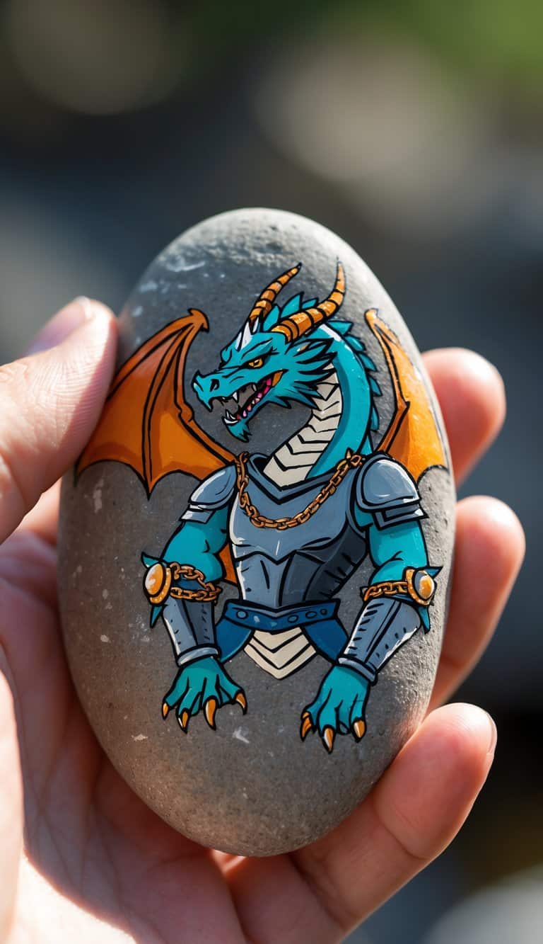 A hand holding a smooth painted rock with a dragon design.