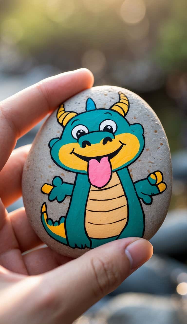 A hand holding a smooth river rock painted with a smiling dragon with its tongue out.