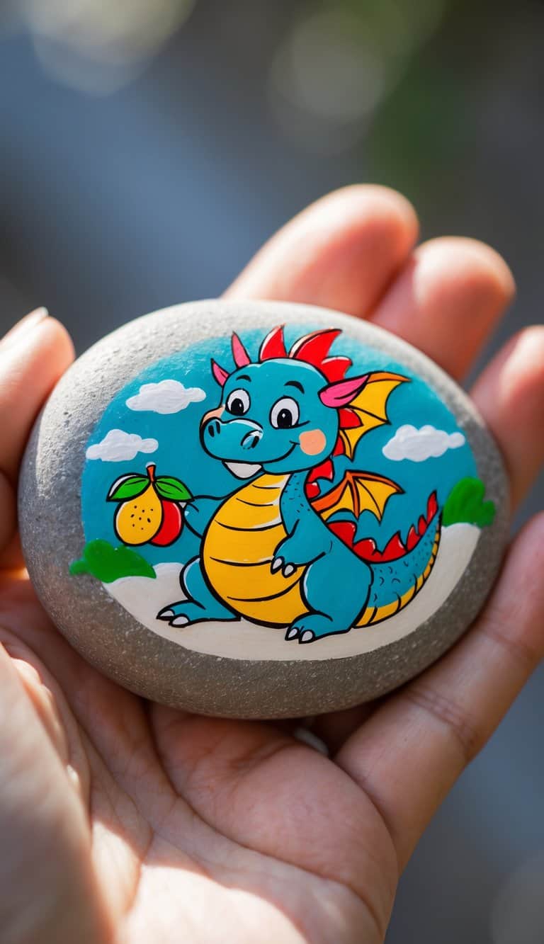 A hand holding a smooth river rock painted with a colorful cartoon dragon eating fruit.