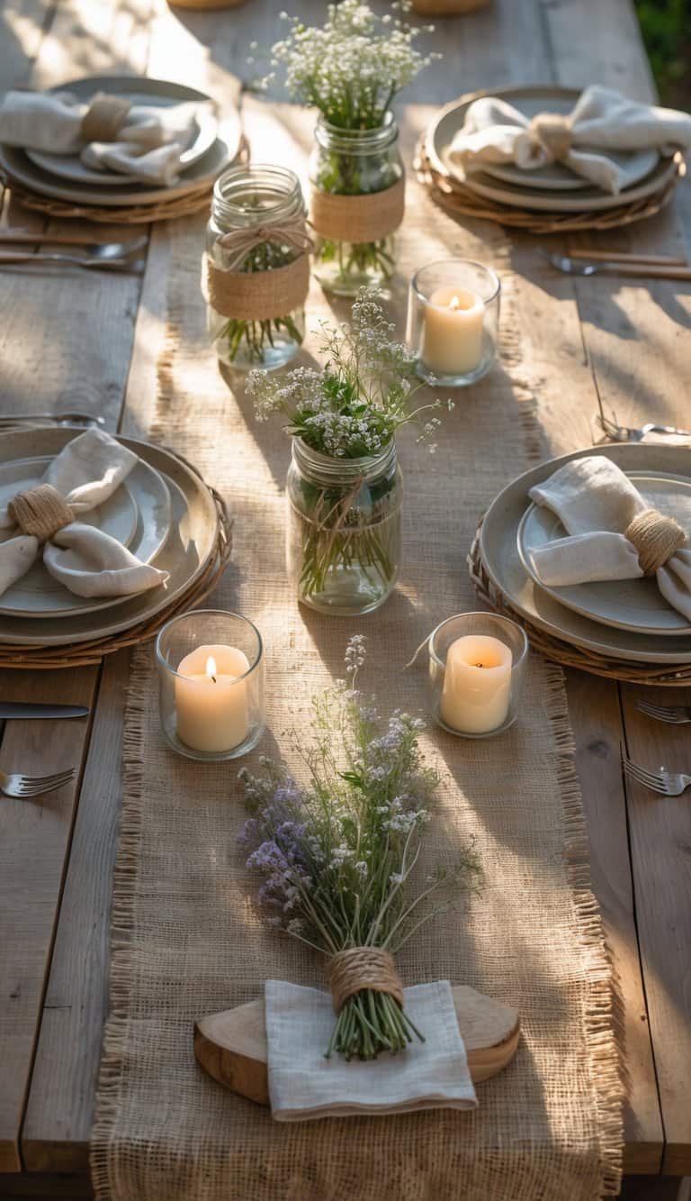 A rustic wooden table set for a Father's Day celebration with hessian placemats, wildflower centerpieces, candles, plates, and cutlery arranged neatly.