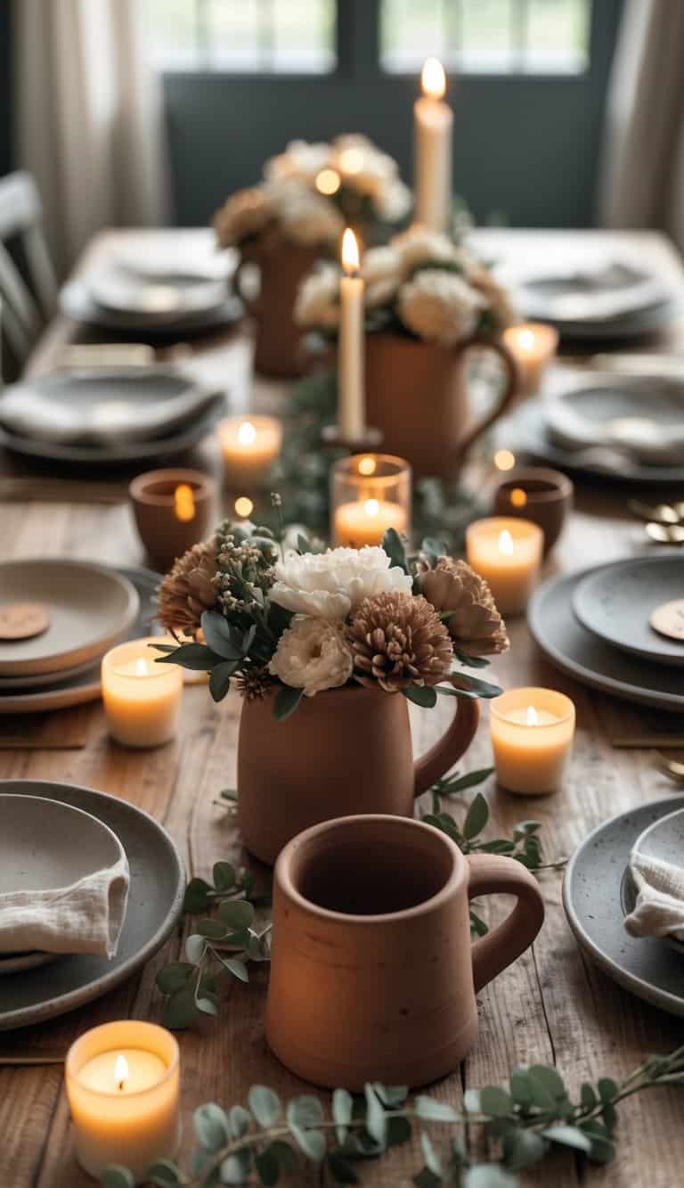 A rustic table set for Father's Day with handmade clay mugs, candles, flowers, and natural greenery arranged on a wooden table.