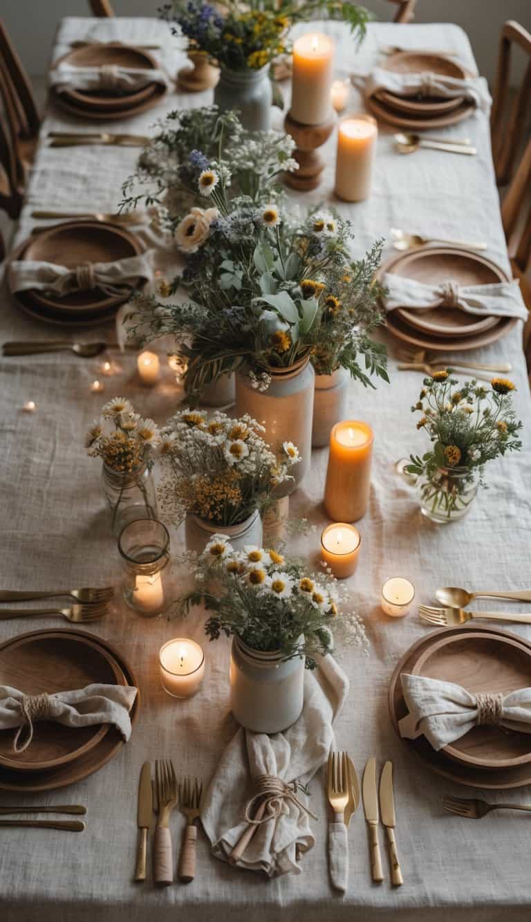 A rustic table set for Father's Day with a natural linen tablecloth, wildflower centerpieces, candles, wooden plates, and linen napkins under soft natural light.