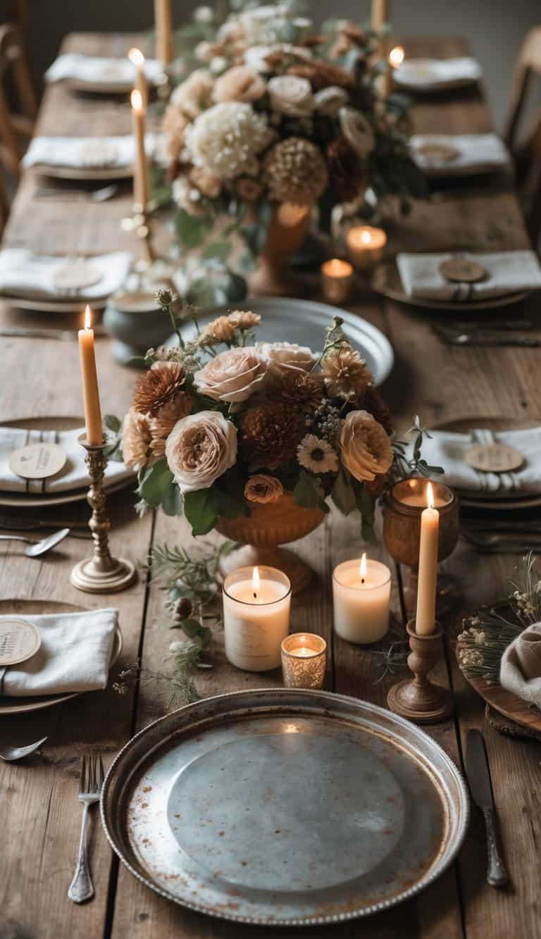 A rustic table set for Father's Day with antique tin trays, floral centerpieces, and lit candles arranged on a wooden table.