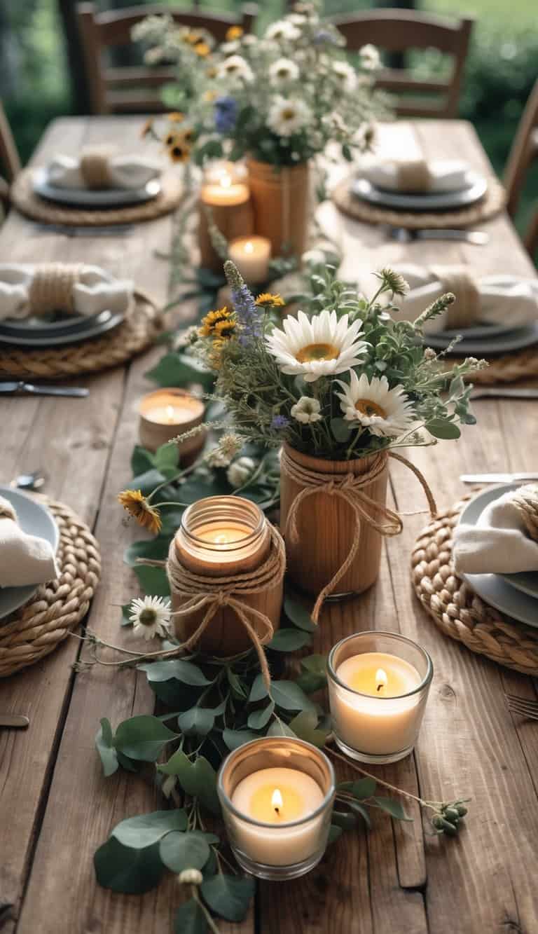 A rustic wooden table set for a Father's Day meal with napkins tied in rope, wildflower centerpieces, and lit candles.