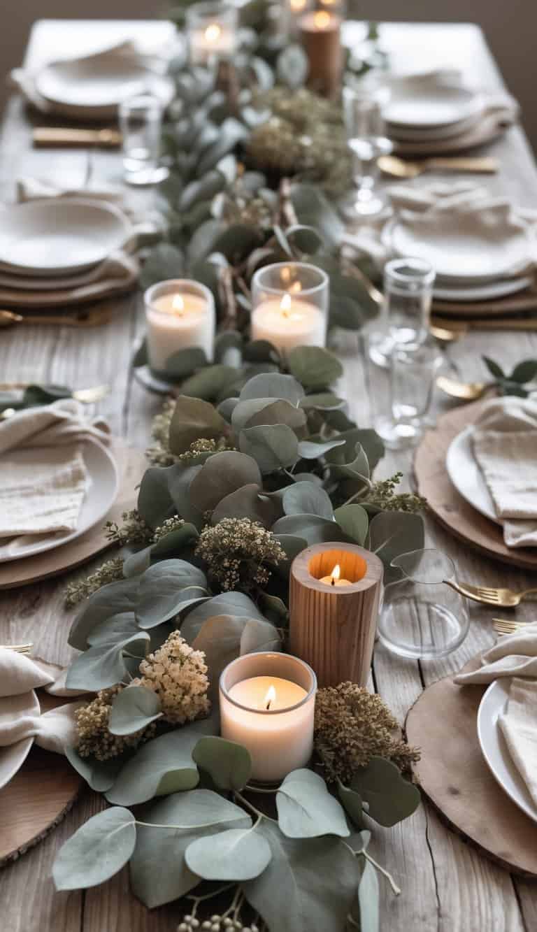 A rustic dining table decorated with a dried eucalyptus garland, candles, and floral arrangements, set for a Father's Day celebration.