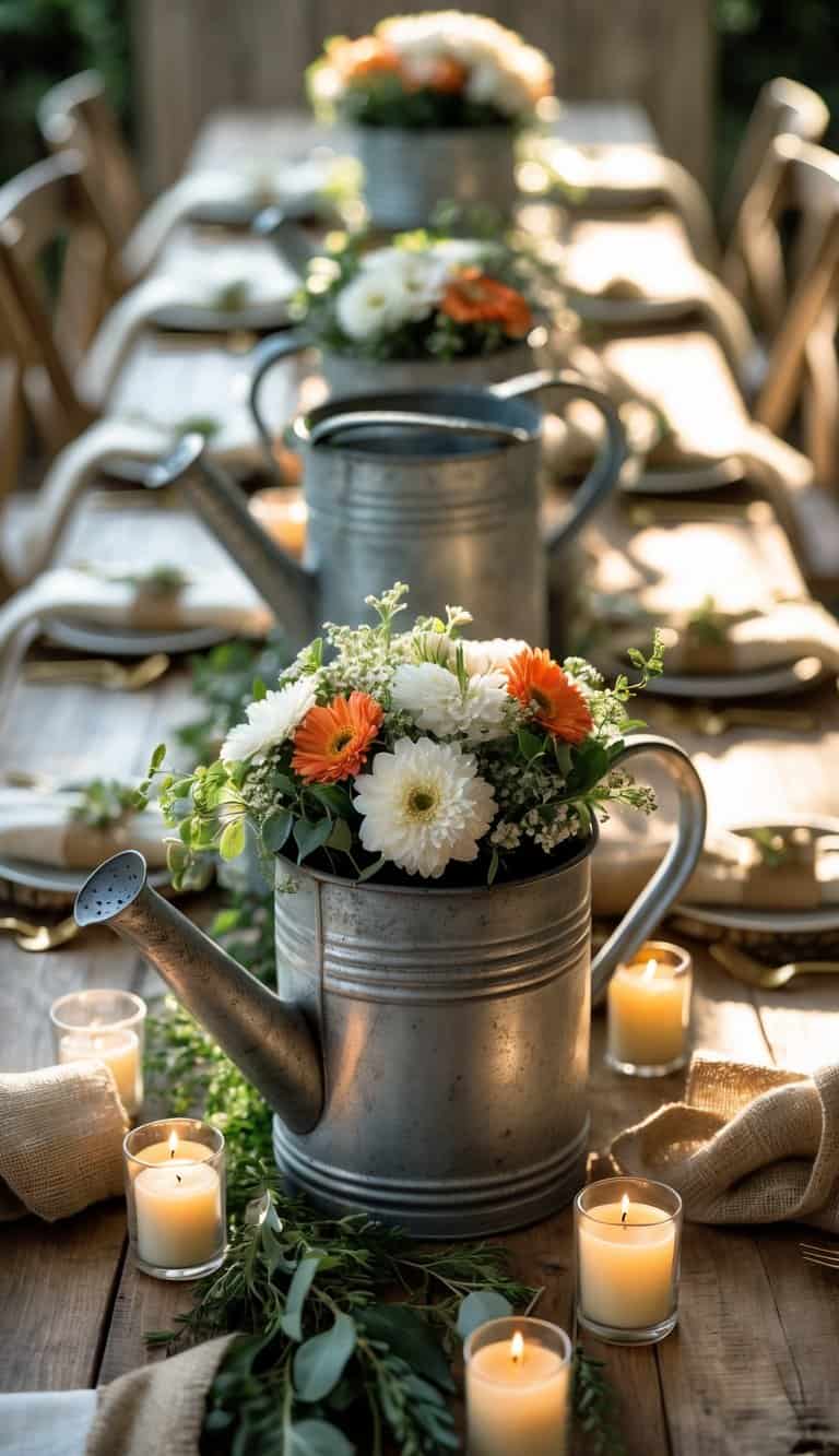 A wooden table set with metal watering cans filled with flowers, surrounded by lit candles and natural decor.