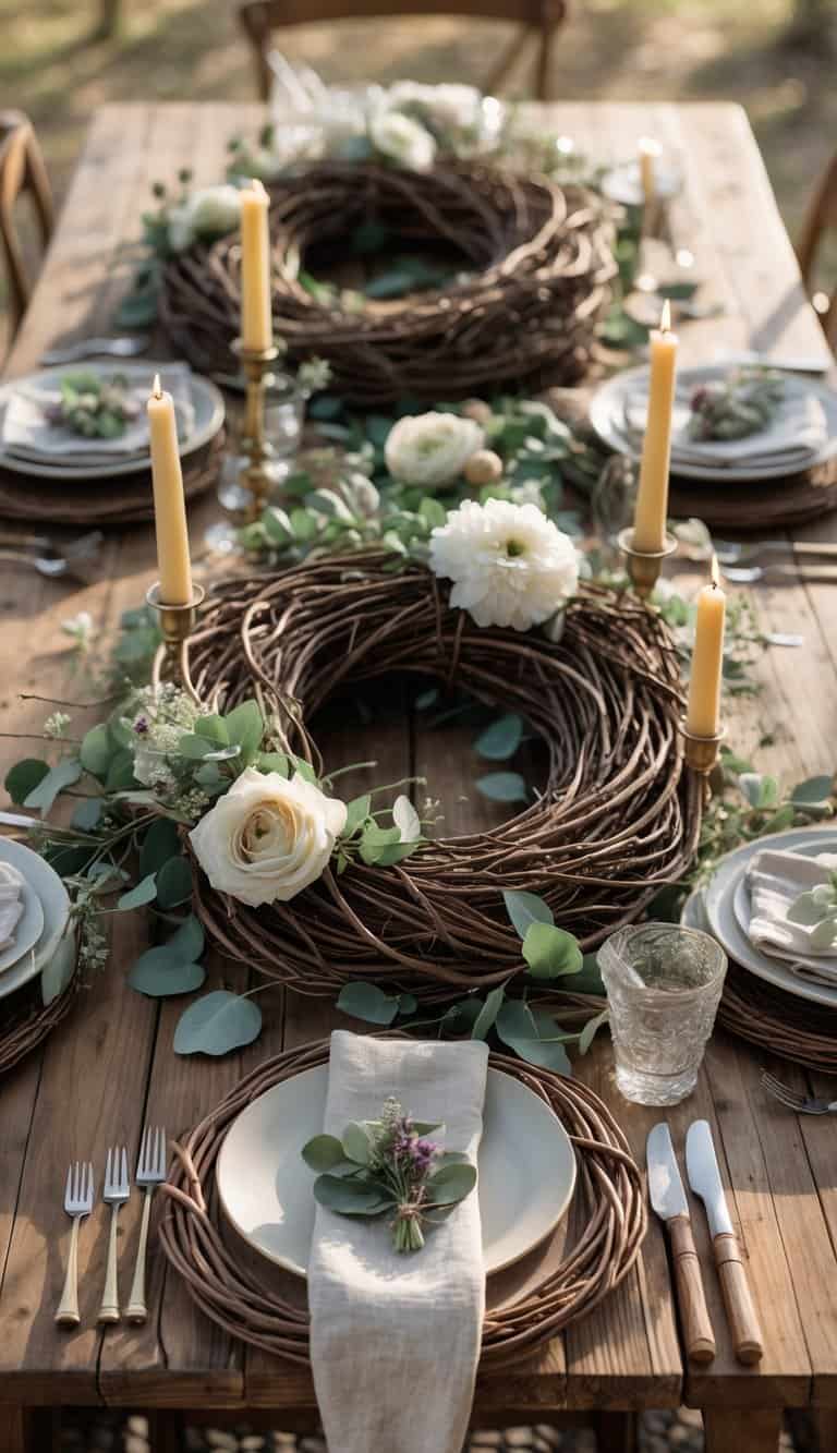 A rustic outdoor table set for Father's Day with grapevine wreath centerpieces, flowers, candles, and tableware arranged on a wooden table.