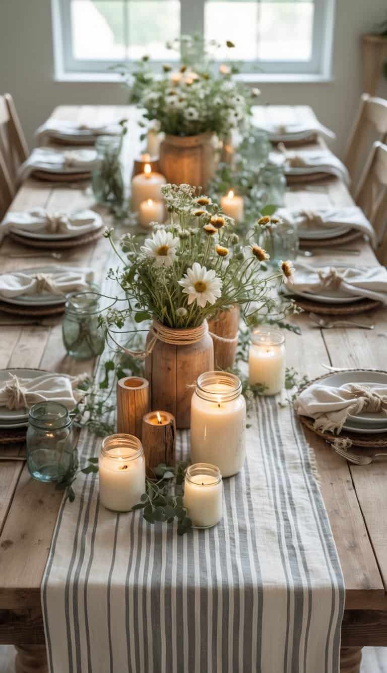 A rustic dining table set for a Father's Day celebration with striped cotton runners, wildflower centerpieces, candles, and natural daylight.