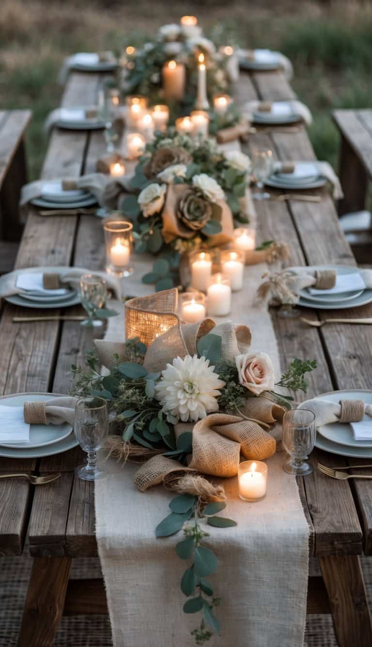 A rustic outdoor table set on weathered wooden benches with floral centerpieces, candles, and tableware arranged for a Father's Day celebration.