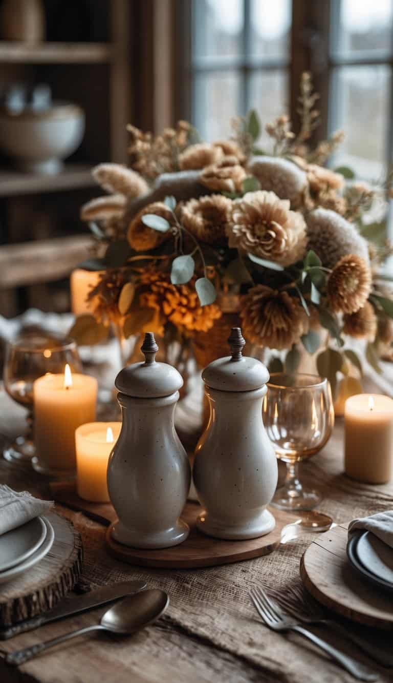 A rustic table set for a Father's Day celebration with ceramic salt and pepper shakers, flowers, candles, and tableware arranged on a wooden table.