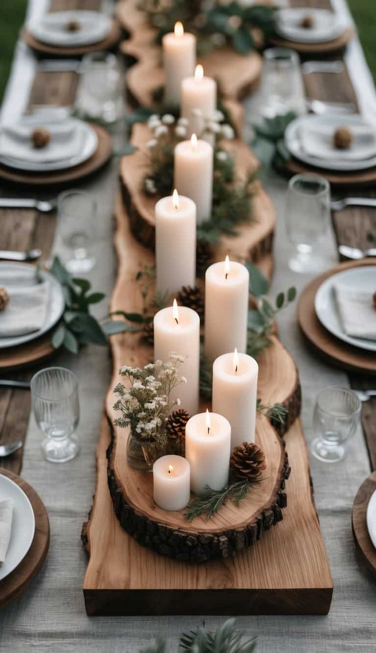 A rustic wooden table set with raw wood centerpiece trays holding candles and wildflower arrangements, surrounded by plates and glasses, all under natural daylight.