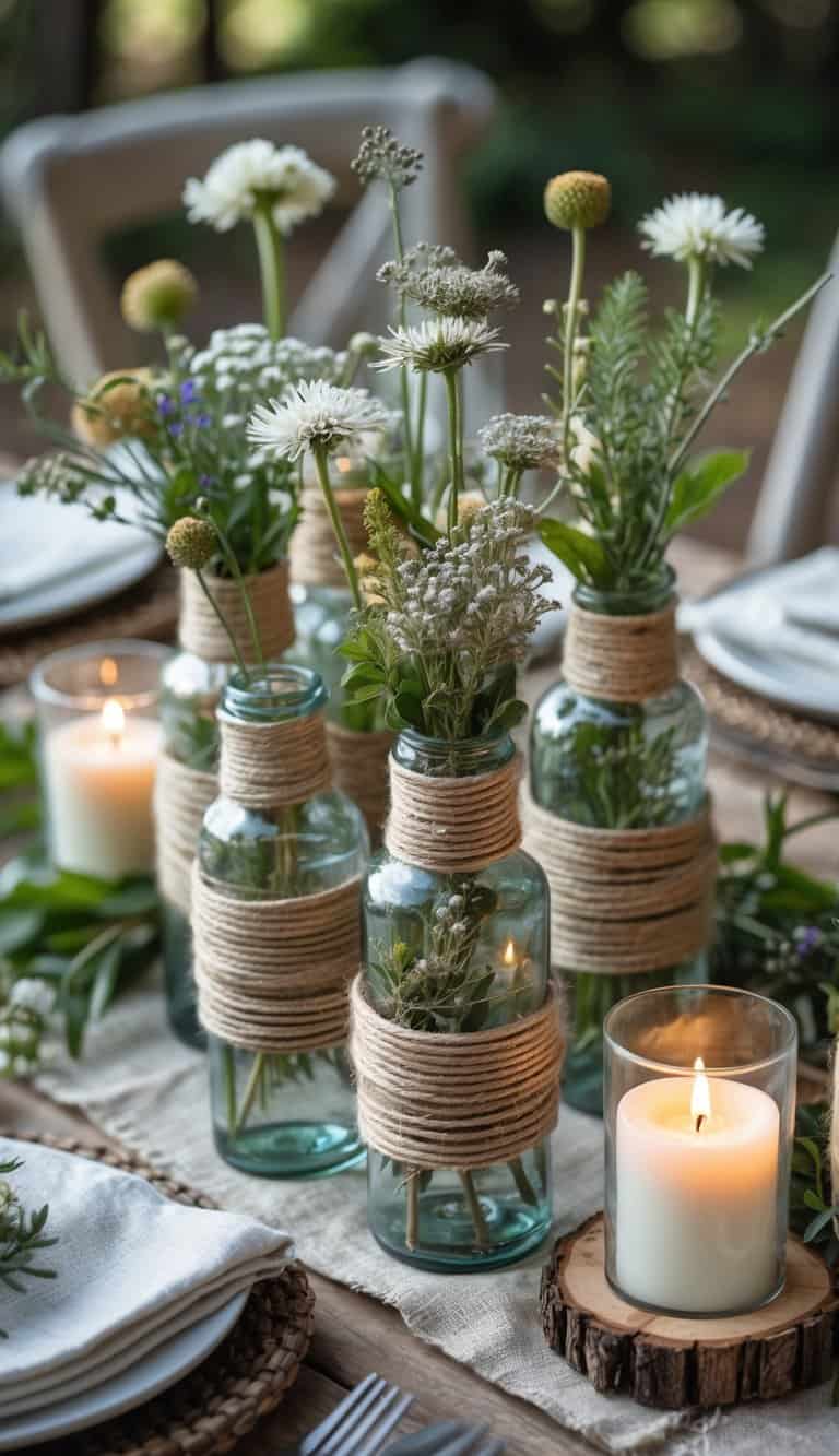 A rustic outdoor table set with twine-wrapped glass bottles filled with wildflowers, candles, and natural decorations for a Father's Day celebration.