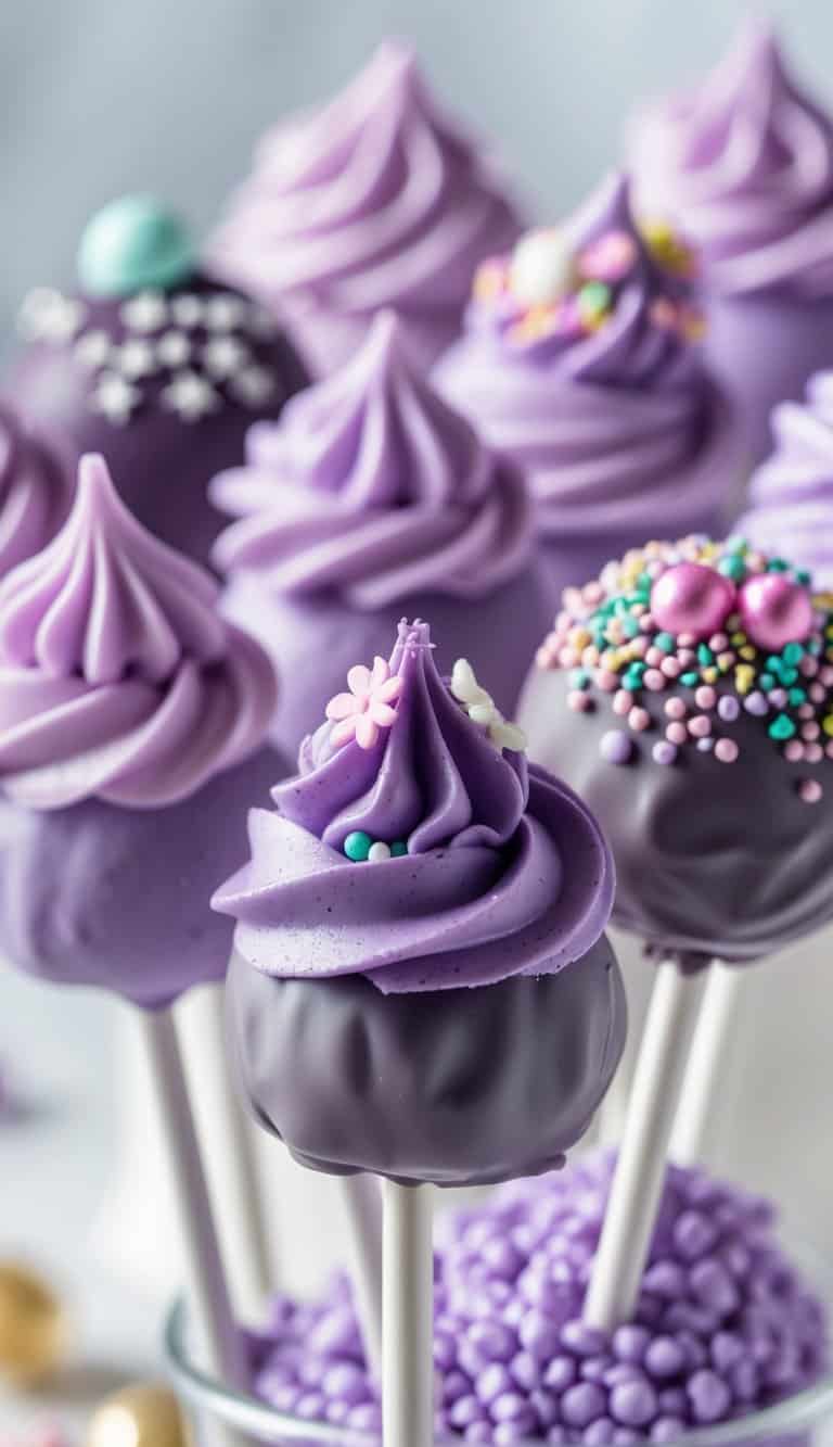 Close-up of several purple and lavender cake pops with chocolate coating, decorated with sprinkles and small edible flowers on sticks against a plain background.