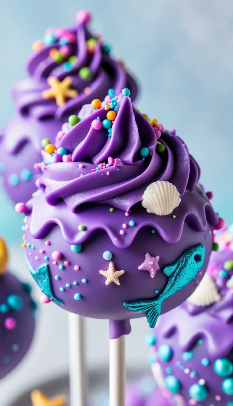 Close-up of a purple mermaid-themed cake pop with chocolate coating, colorful sprinkles, and small seashell decorations on a clean background.