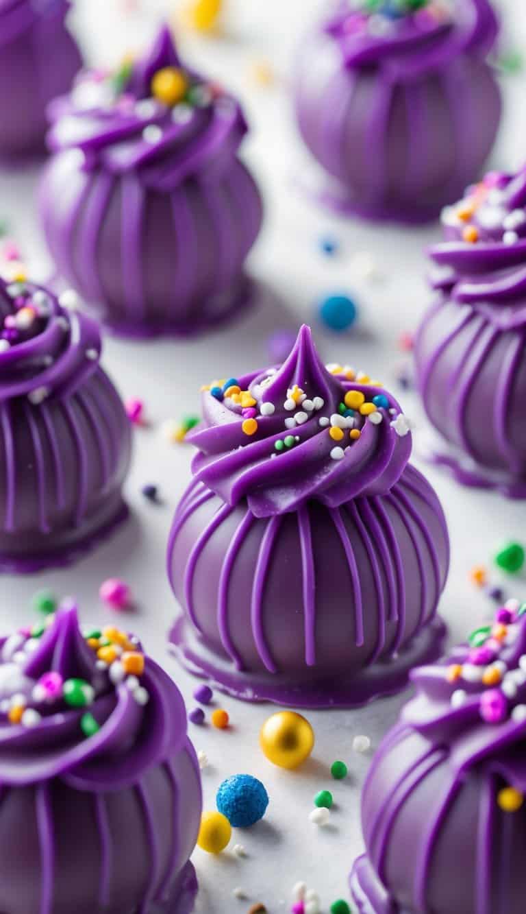 Close-up of purple cake pops with chocolate coating and colorful sprinkles on a clean background.