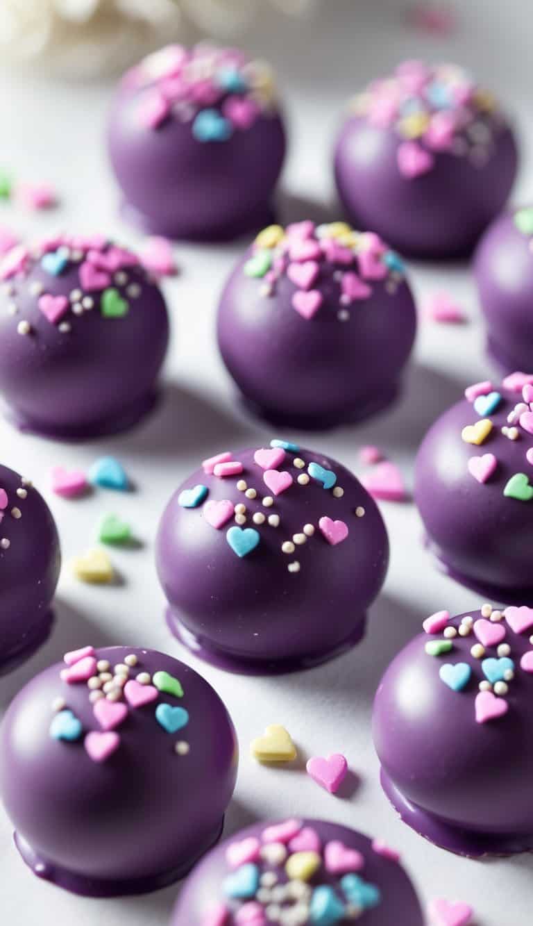Close-up of purple cake pops coated in chocolate and decorated with heart-shaped sprinkles on a clean background.