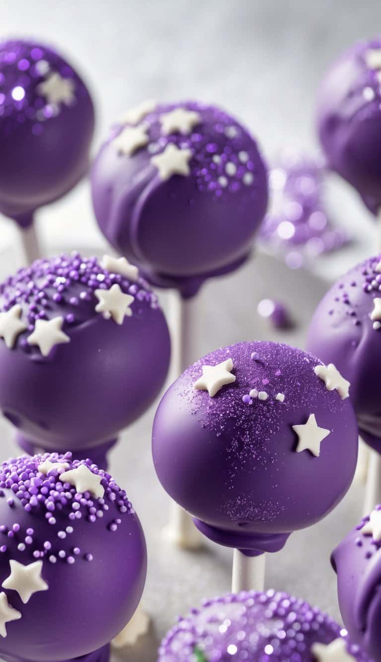 Close-up view of purple cake pops decorated with edible glitter stars and sprinkles on a clean background.