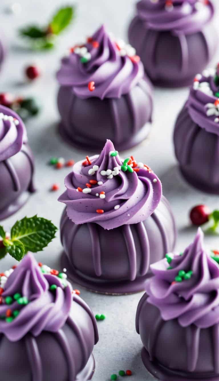 Close-up of purple mint chocolate cake pops with frosting and sprinkles on a clean background.