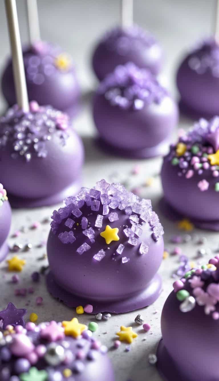 Close-up of purple cake pops decorated with lavender sugar crystals and colorful sprinkles on a clean background.
