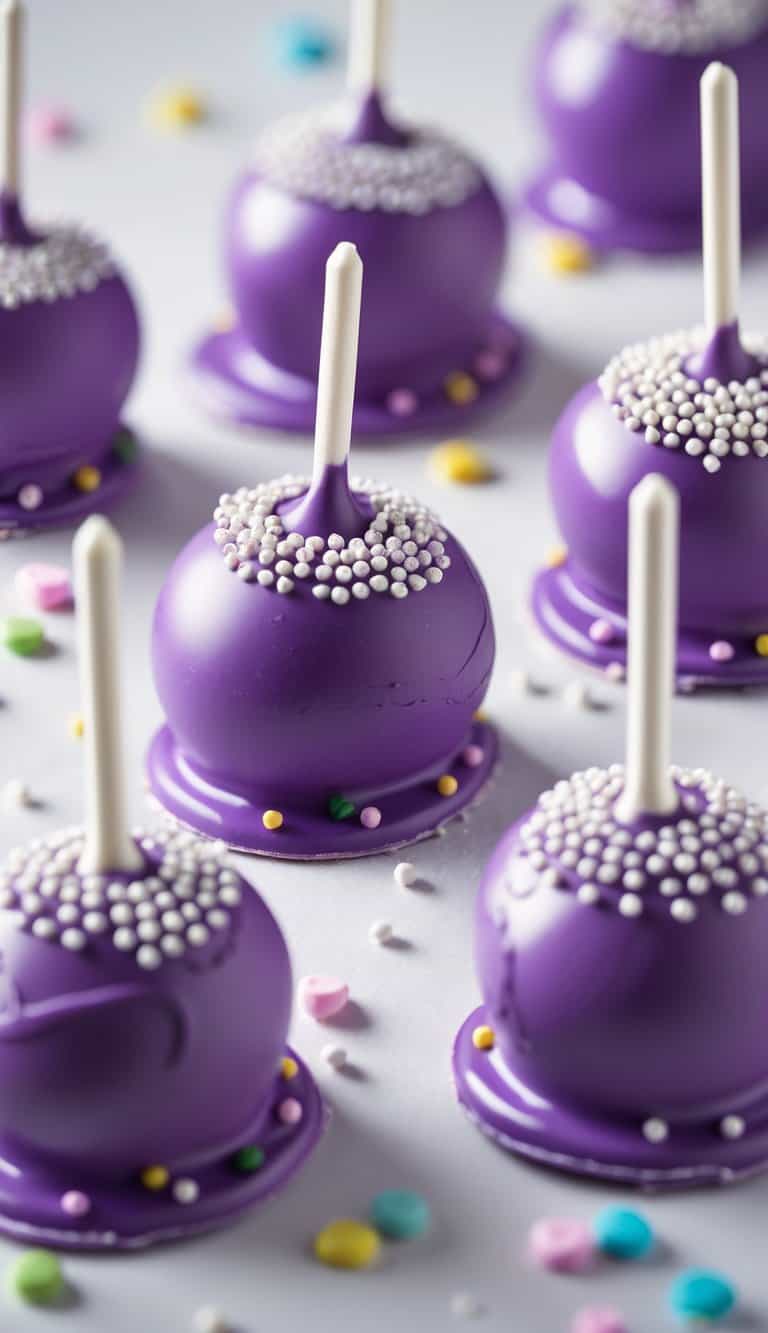 Close-up of purple cake pops decorated with white dragees on a clean background.
