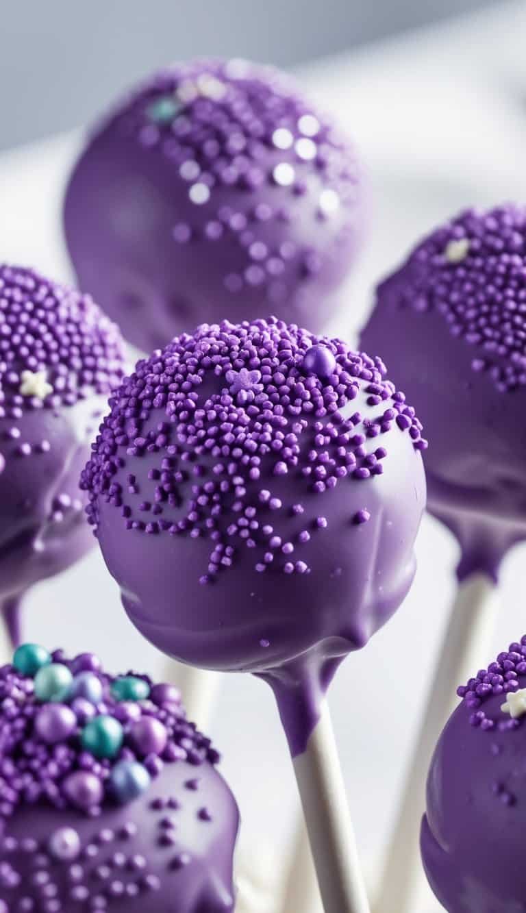 Close-up of purple cake pops dipped in white chocolate and covered with purple sprinkles on a clean background.