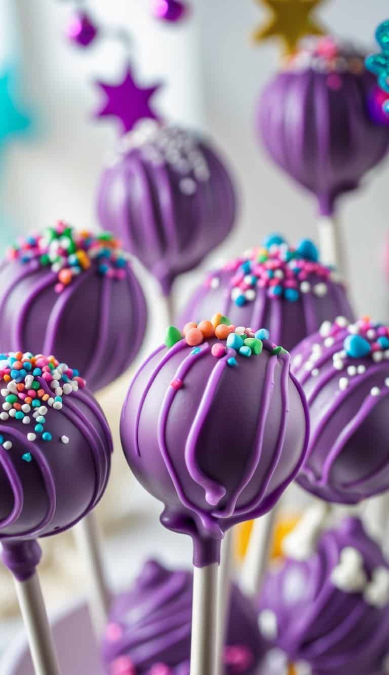 Close-up of purple cake pops with candy centers decorated with sprinkles and frosting on a clean background.