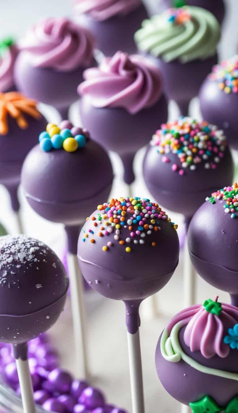 Close-up image of purple cake pops with smooth chocolate coating, decorated with colorful sprinkles and frosting details on a clean background.