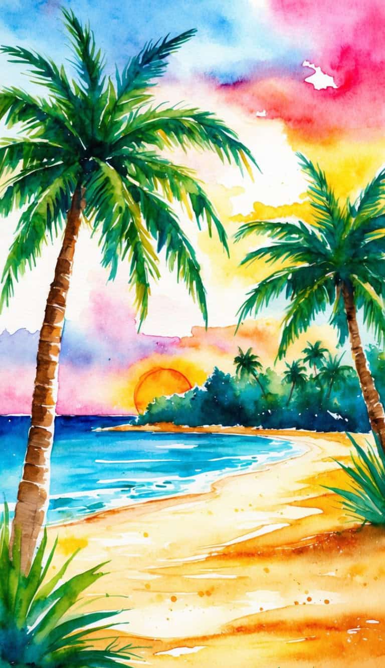 Watercolor painting of a tropical beach at sunset, featuring palm trees, sandy shore, calm ocean waves, and a colorful sky with clouds.