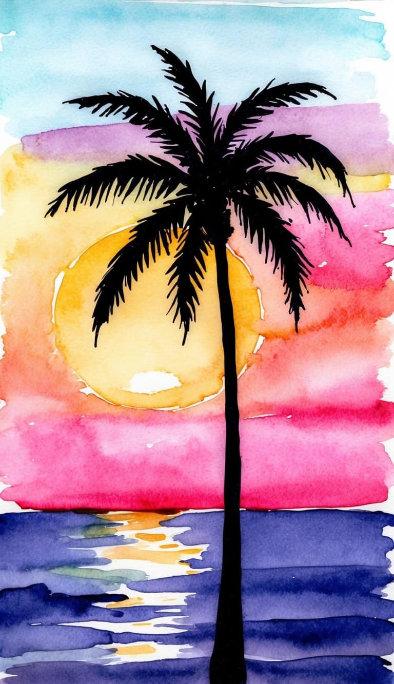 A single palm tree silhouette against a colorful tropical sunset