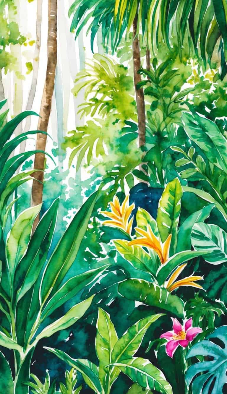 Vibrant tropical foliage fills the frame, sunlight filtering through the dense rainforest canopy. Rich, lush greens and pops of colorful flowers create a stunning, natural wallpaper