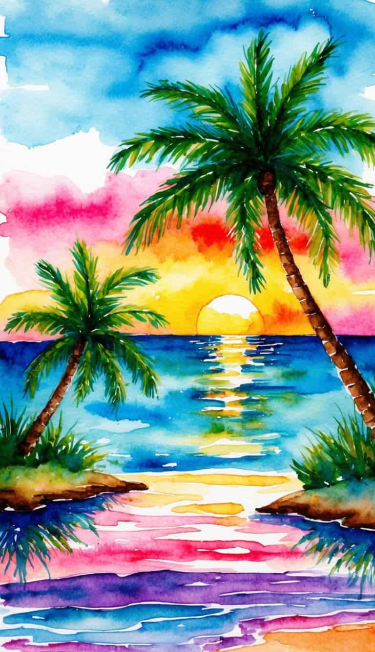 Watercolor painting of a tropical beach at sunset with two palm trees, colorful sky, sun setting over the ocean, and reflections on the water.