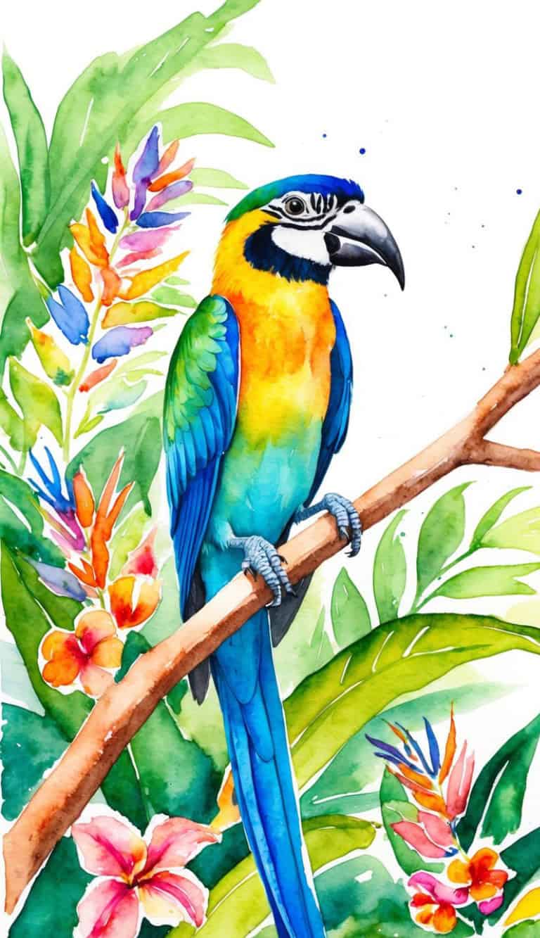 A watercolor illustration of a blue and yellow macaw perched on a branch, surrounded by colorful tropical flowers and green leaves.