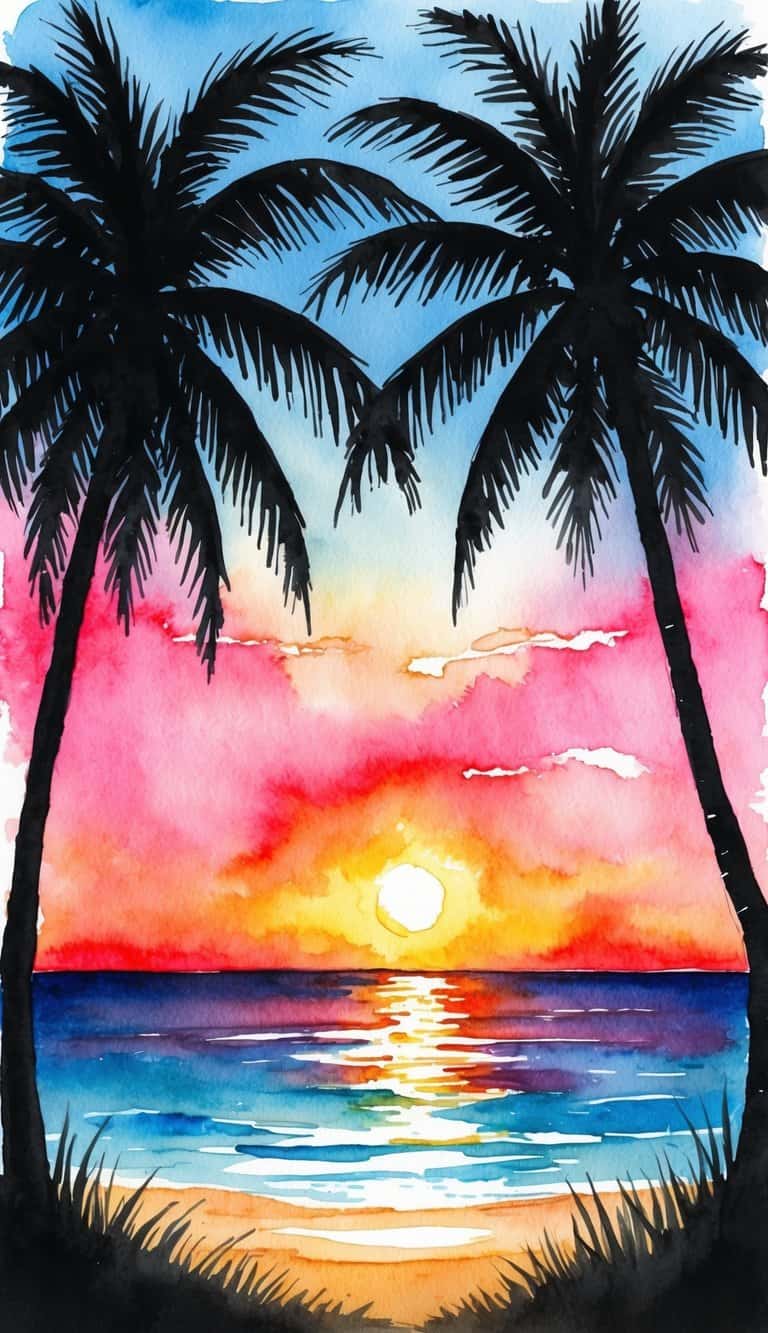 A vibrant sunset over a tranquil beach, with silhouetted coconut palms swaying in the warm tropical breeze