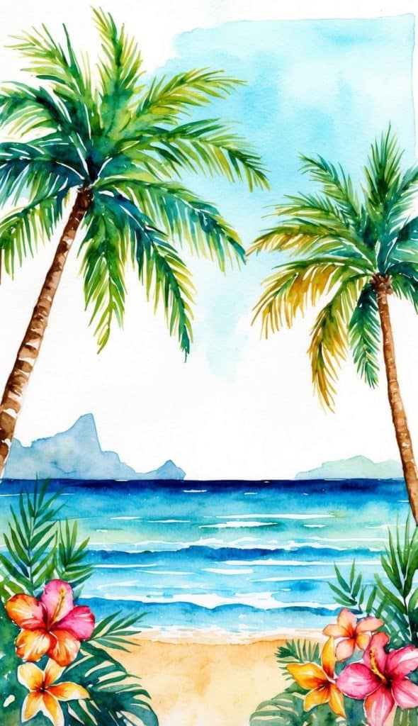 Watercolor illustration of a tropical beach with palm trees, blue ocean waves, distant islands, and colorful flowers in the foreground.