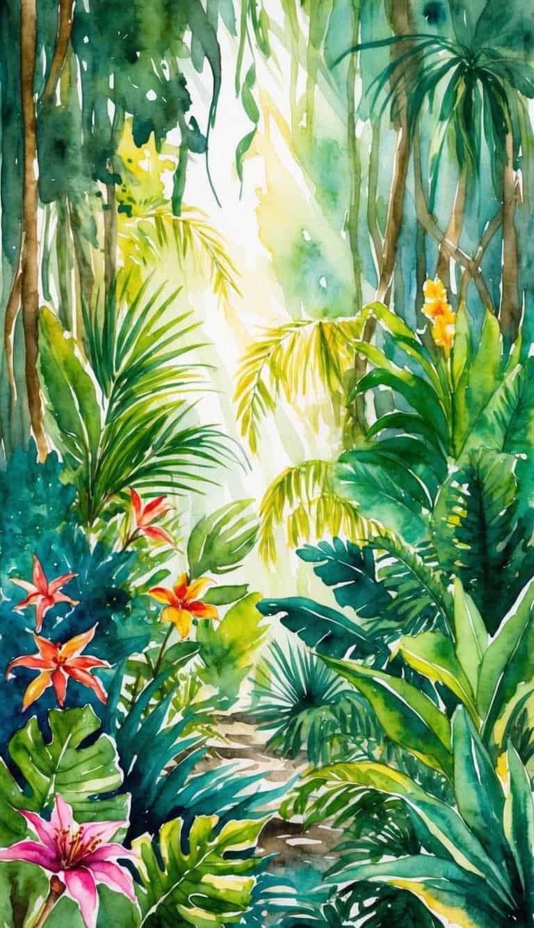 A vibrant jungle with exotic plants, colorful flowers, and lush green foliage, with sunlight streaming through the canopy