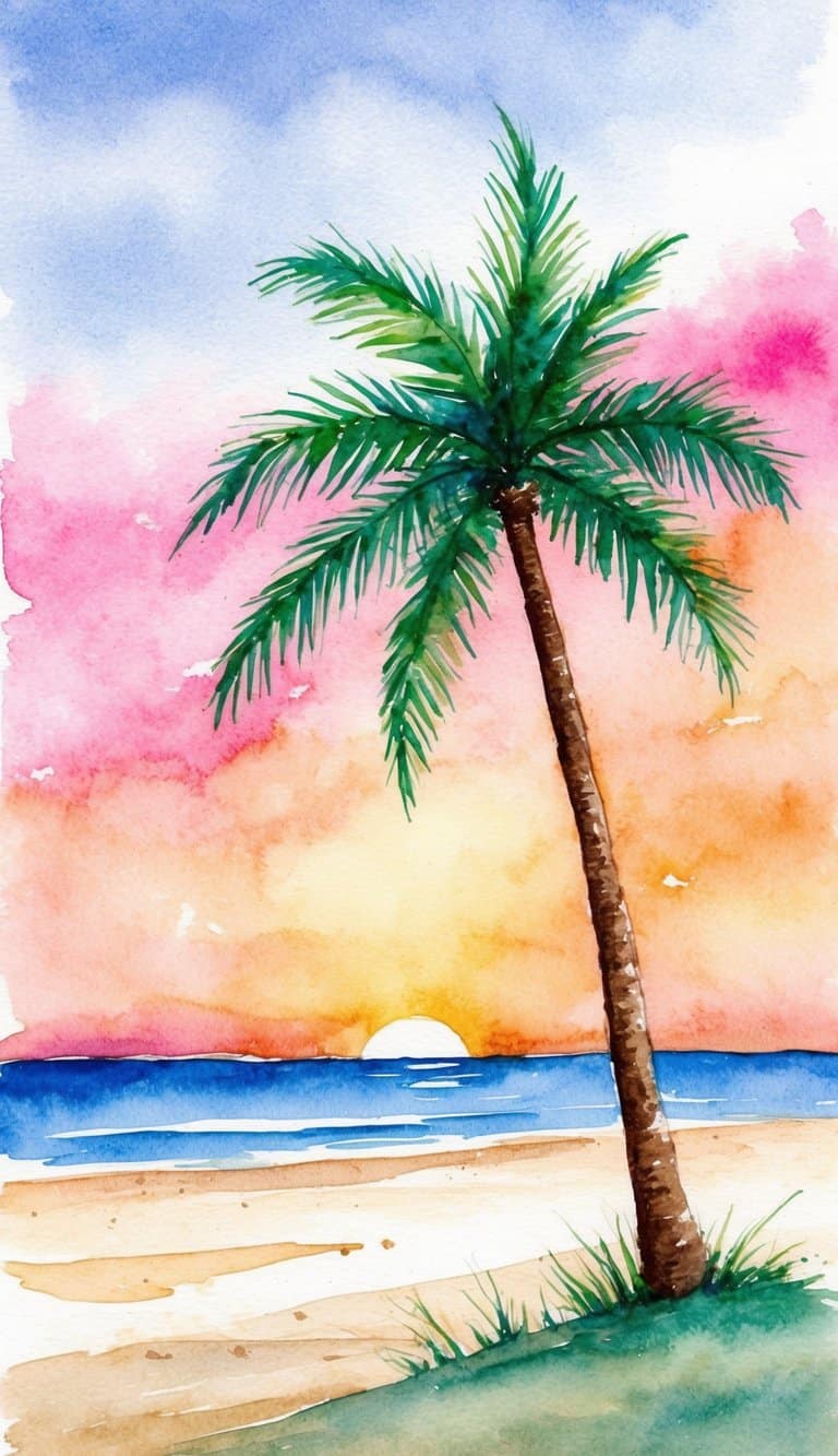 A lone palm tree on a deserted tropical beach at sunset