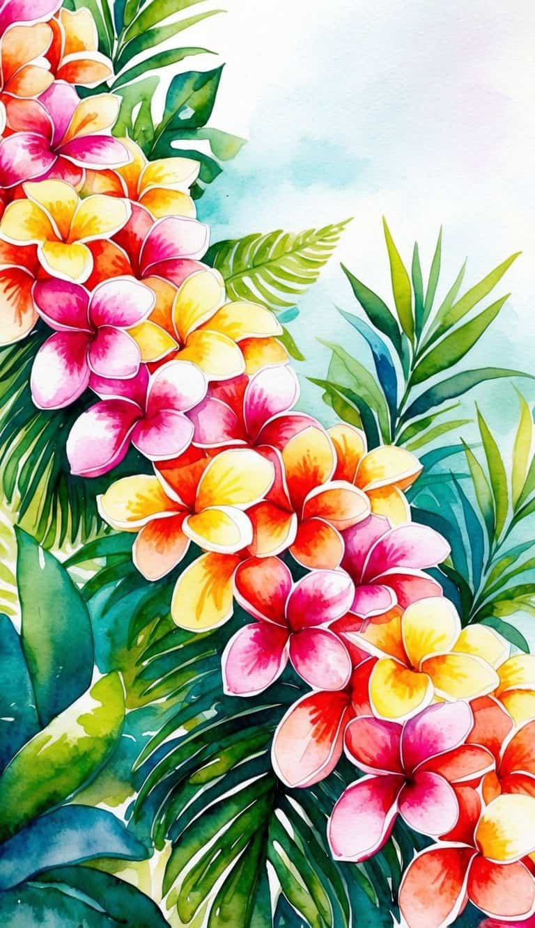 Vibrant plumeria flowers cascade down a lush tropical backdrop, creating a colorful and serene scene for iPhone wallpapers