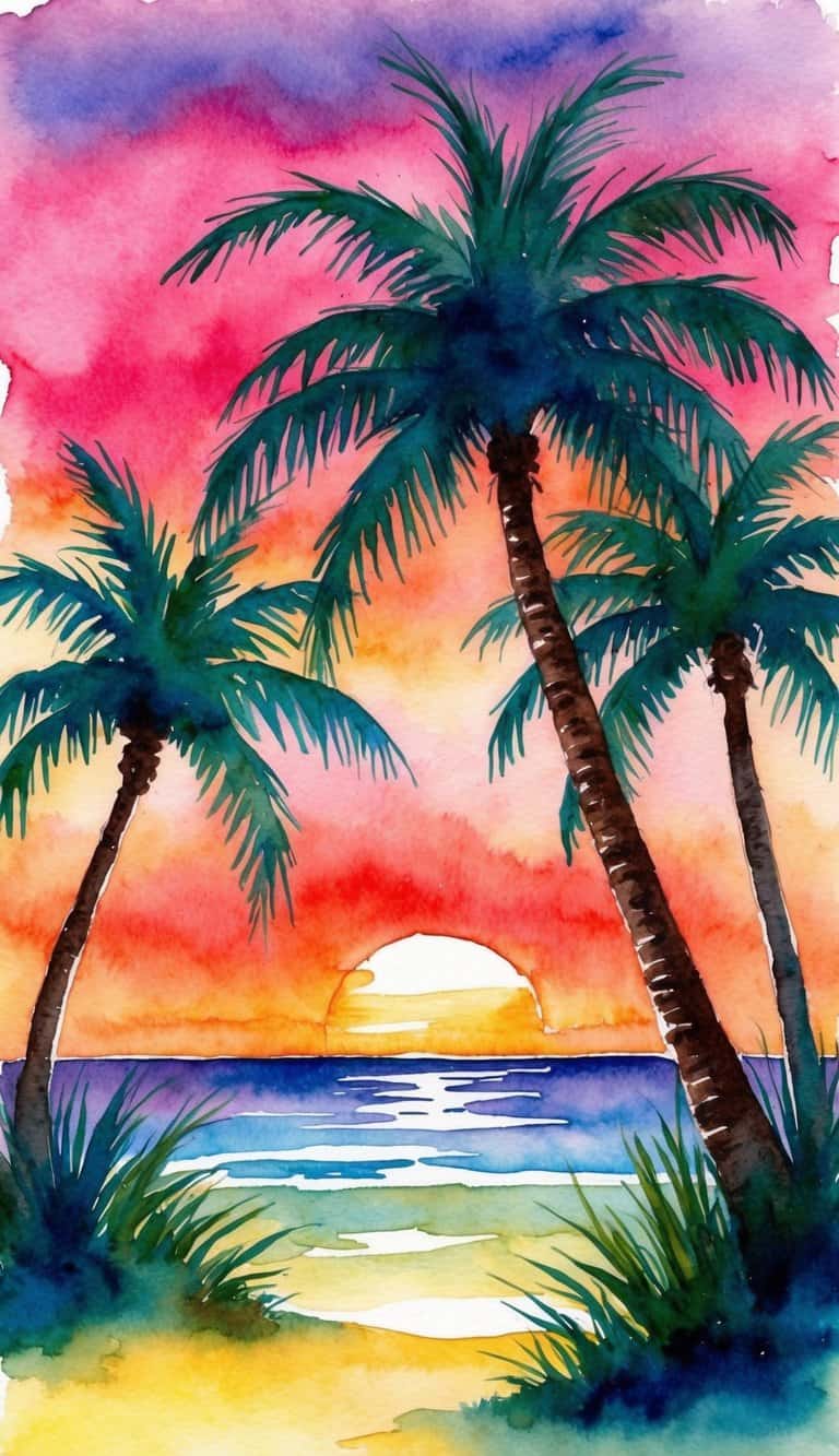 A palm-fringed island against a vibrant sunset sky