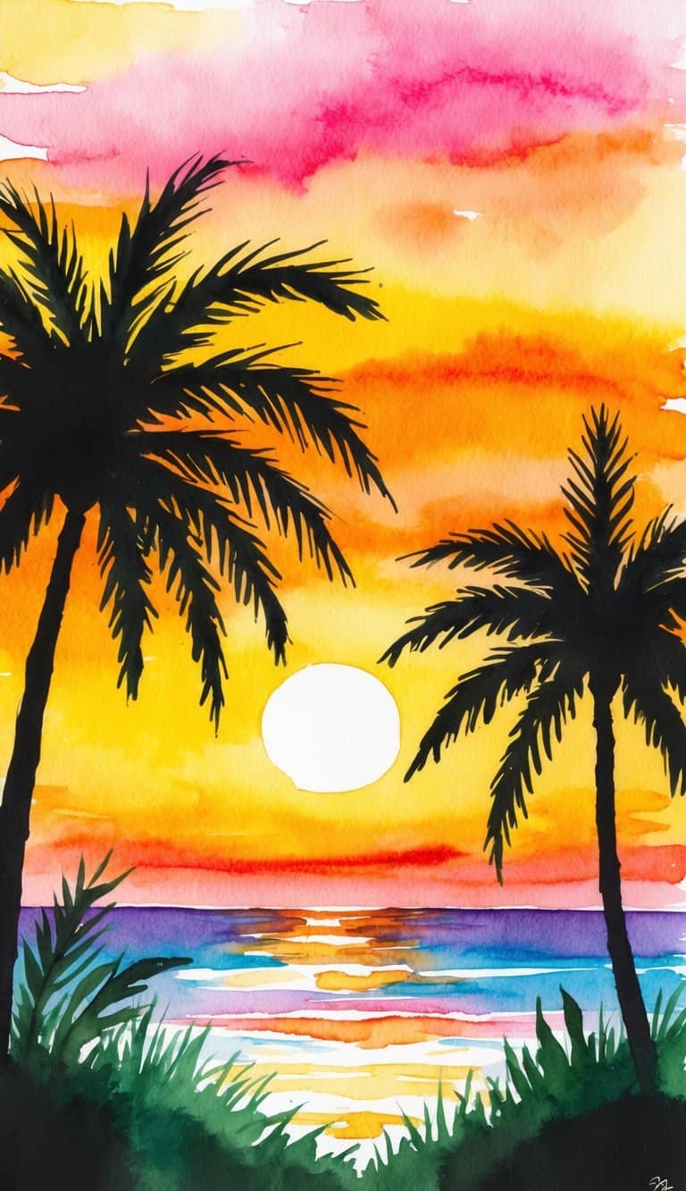 A vibrant golden sunset over a tropical horizon, with palm trees silhouetted against the colorful sky