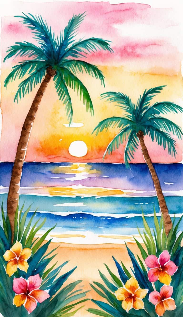 A serene beach at sunset, palm trees swaying in the warm breeze, with colorful tropical flowers in the foreground