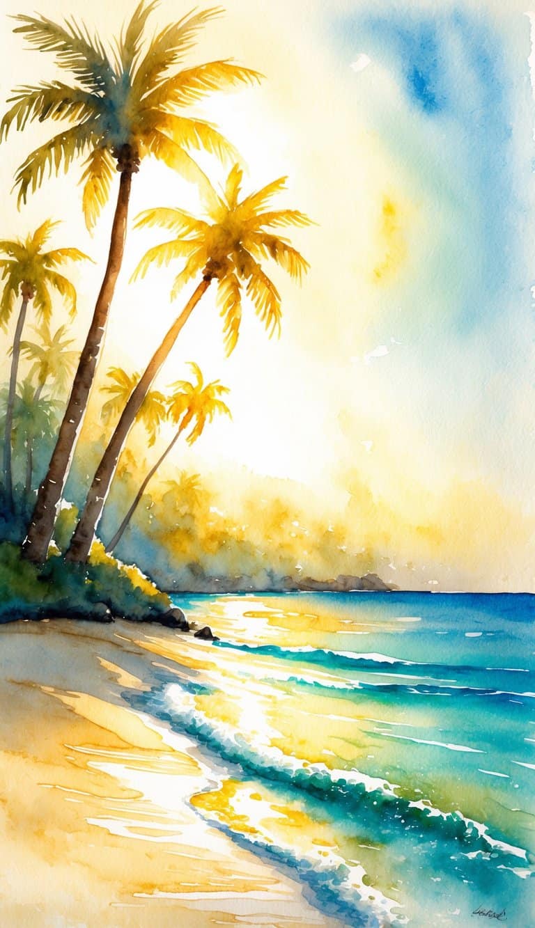 Golden sunlight bathes a tranquil beach, with palm trees swaying gently in the breeze and crystal-clear turquoise waters lapping at the shore