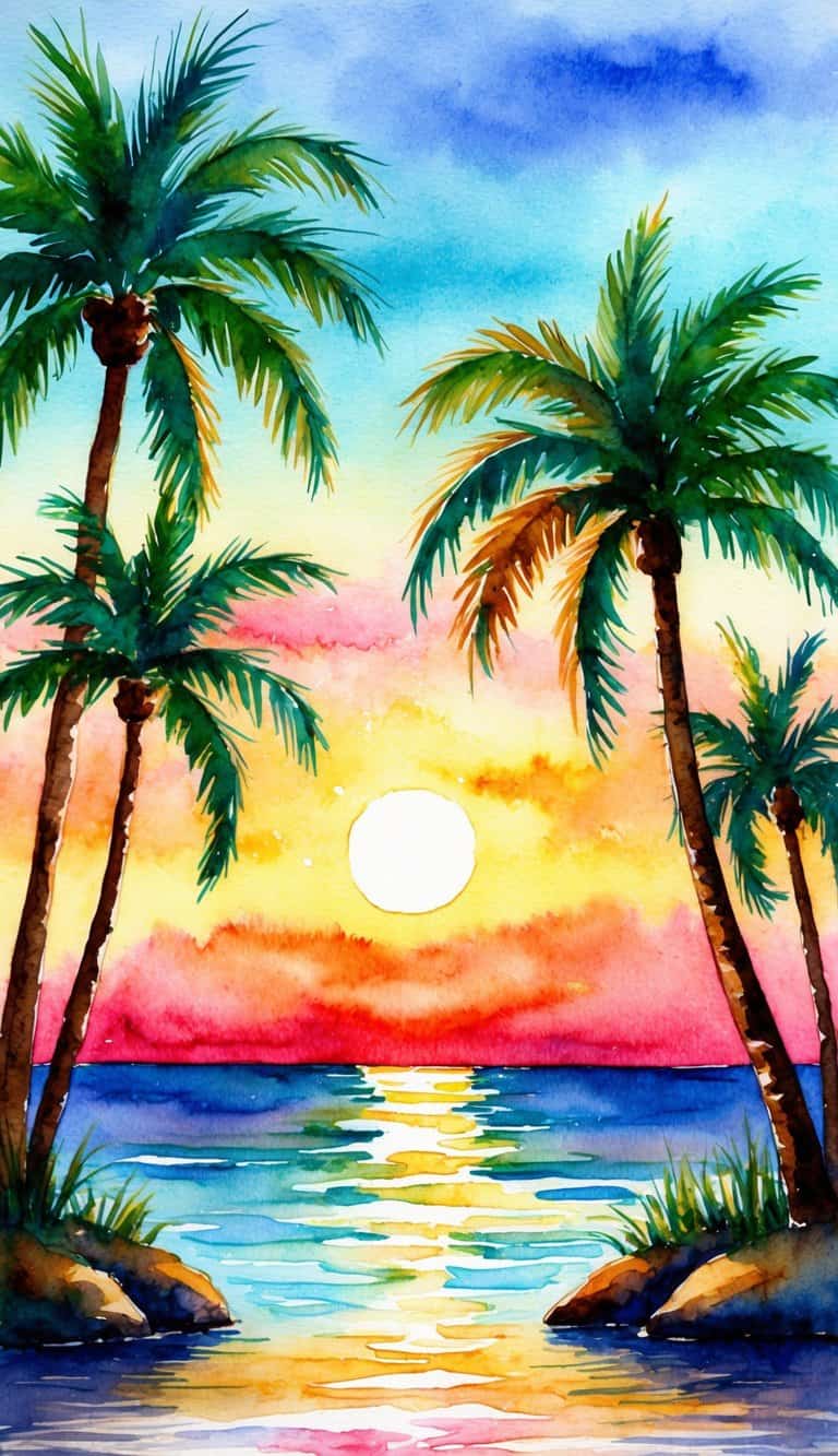 A vibrant lagoon sunset casts a warm glow over palm trees and calm waters