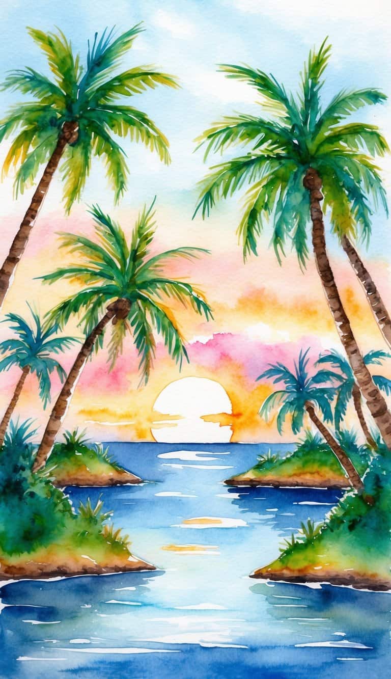 A serene tropical island with palm trees, clear blue water, and a colorful sunset