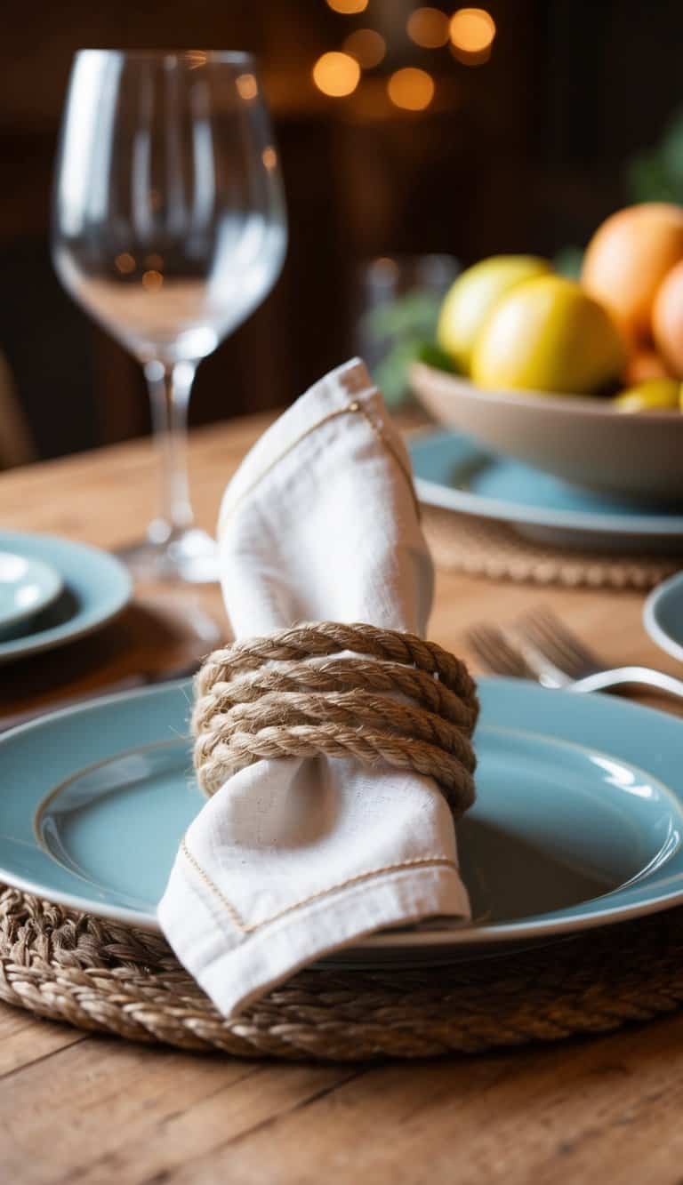 Rustic napkin rings tied with rope on a Father's Day table setting