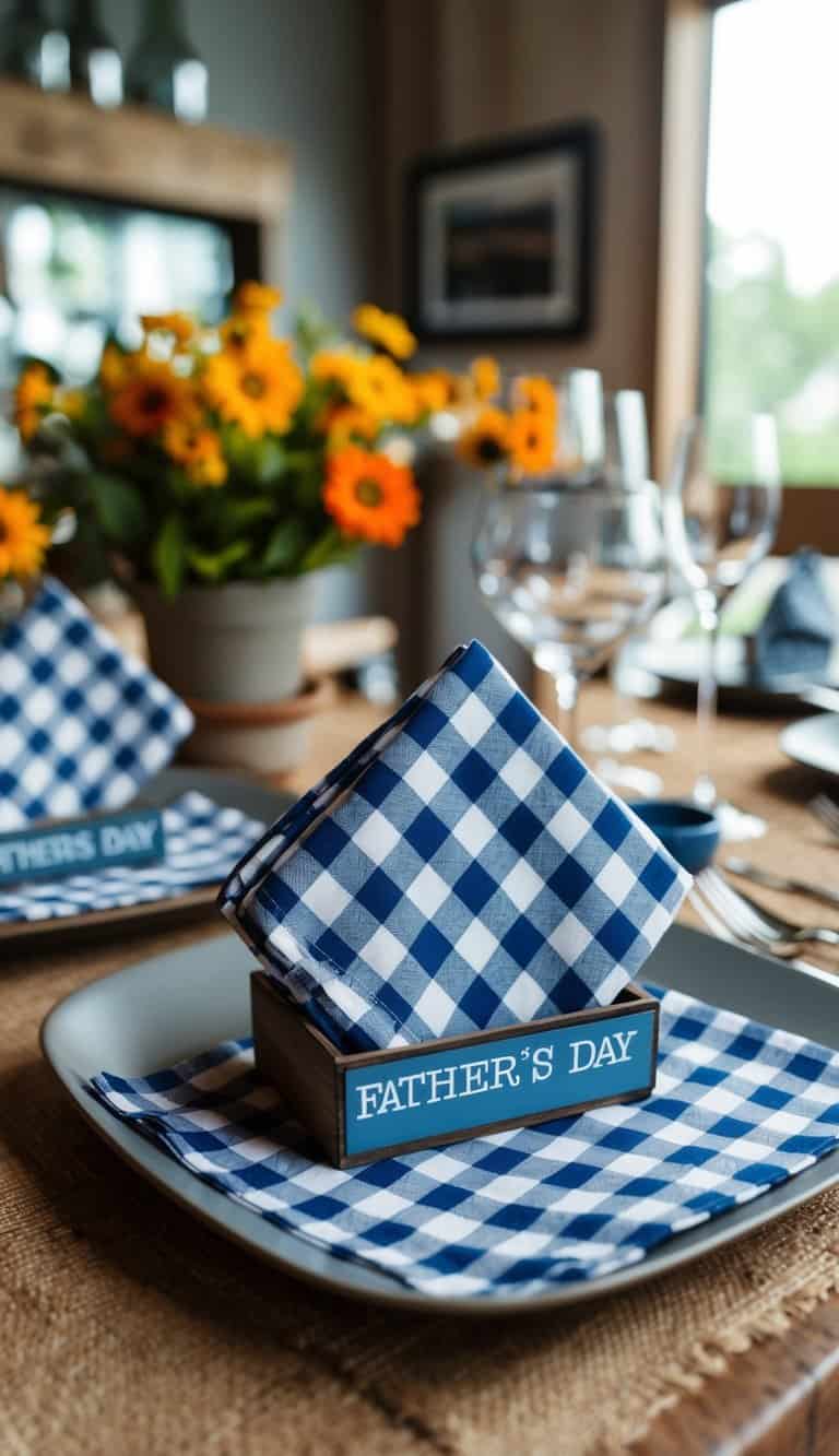A dining table set with blue and white checkered napkins, "Father's Day" signs, plates, wine glasses, and a vase of yellow flowers in the background.