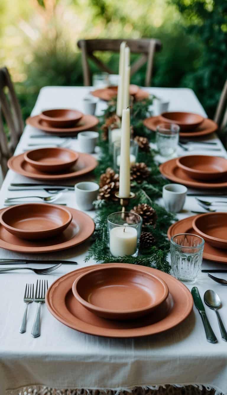 A table set with rustic terracotta dishware, surrounded by elements of nature for a Father's Day celebration