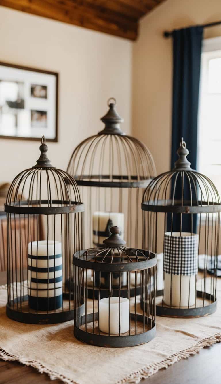 Rustic wire birdcages arranged on a table with Father's Day decor