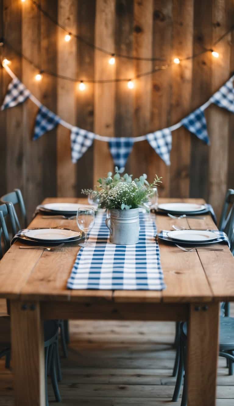A rustic table set with plaid fabric bunting for a Father's Day celebration
