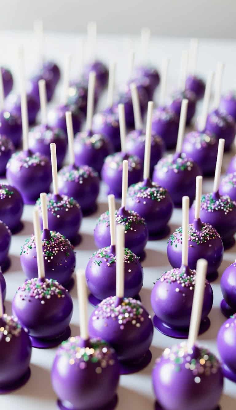 A table filled with 50 purple cake pops, decorated with delicate lilac flowers and shimmering sprinkles